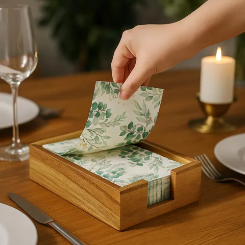 Vista 3 de Toallero de madera de acacia para servilletas de baño, bandeja de toalla de mano, soporte plano para servilletas de cóctel para mesa de cocina