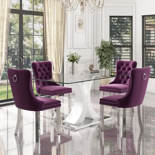 Vista 51 de Juego de comedor moderno de vidrio de lujo de 5 piezas, juego de cena rectangular minimalista grande para 4, juego de mesa de cocina de vidrio