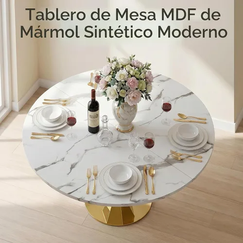 Vista 2 de Henf Mesa de comedor redonda de mármol sintético para 4 a 6 personas, mesa de cocina moderna de oro blanco de 47 pulgadas con base de acero Mesa