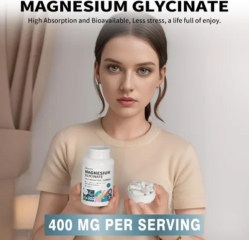 Vista 4 de Glicinato de magnesio 400 mg por porción, 100% quelado para una alta absorción, suave para el estómago, sin OMG, 90 cápsulas vegetarianas