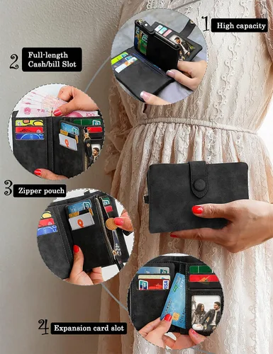 Vista 6 de CONISY Billeteras pequeñas de pulsera para mujer, billetera de cuero plegable RFID con ventana de identificación y cremallera Small, Bifold, RFID
