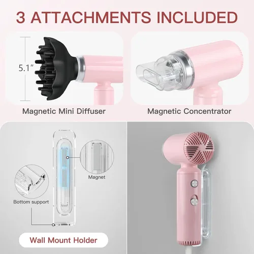 Vista 5 de Webeauty - Mini secador de pelo con difusor, motor de alta velocidad de 110,000 RPM, protección de iones negativos de 656.2 ft, ajustes de 3 Rosa