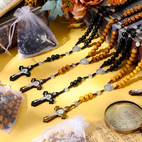 Vista 13 de Juego de 24 collares de rosario de cuentas de madera tallada con rosario católico con cruz de Jesús, cuentas de rosario de madera maciza con bolsa
