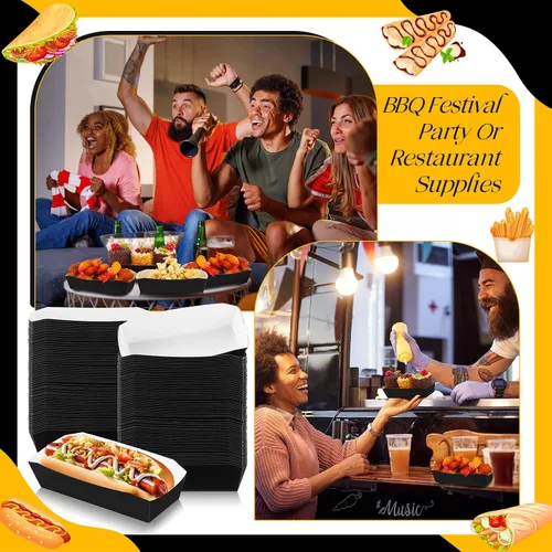 Vista 4 de Yeaqee 100 bandejas de papel de 7 pulgadas desechables para perros calientes, alimentos, nachos, botes para perros calientes, platos de comida Negro