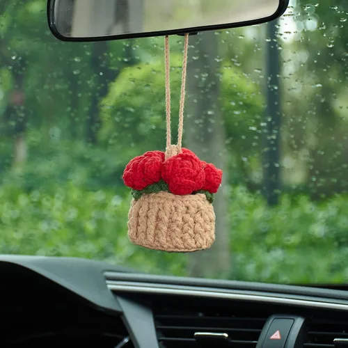 Vista 13 de Colgante de cactus de ganchillo para espejo retrovisor de automóvil, plantas peludas, adorno colgante para decoración del interior del automóvil