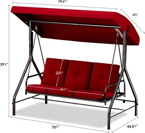 Vista 6 de Columpio para porche, columpio de 3 asientos para patio al aire libre con toldo para adultos, cama deslizante convertible, cojines gruesos