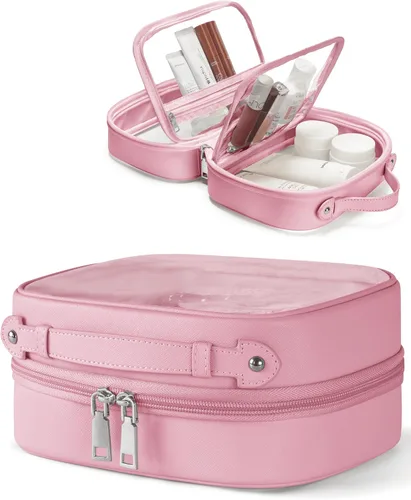 Vista 11 de Bolsa de Cosméticos Transparente de Doble Capa Bolsa de Artículos de Tocador de Viaje Estuche de Maquillaje Transparente con 4 Compartimentos, Bolsa