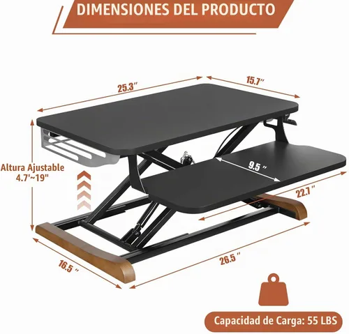 Vista 2 de Convertidor de escritorio de pie ajustable en altura con bandeja para teclado, 26 x 16 pulgadas, elevador de escritorio sentado a pie con elegante