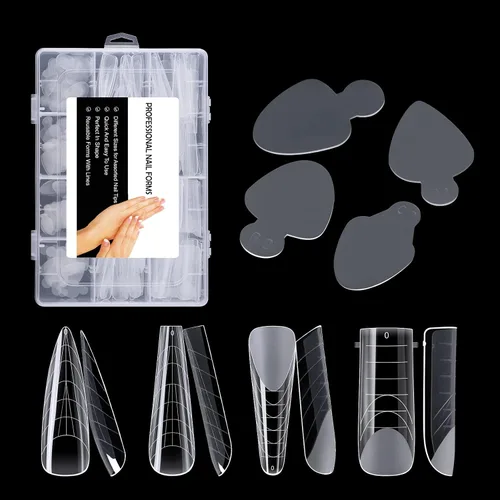 Vista 2 de 288 piezas de forma de uñas dobles con adhesivo de silicona francesa, kit de moldes de doble sistema reutilizable para uñas de línea francesa guías