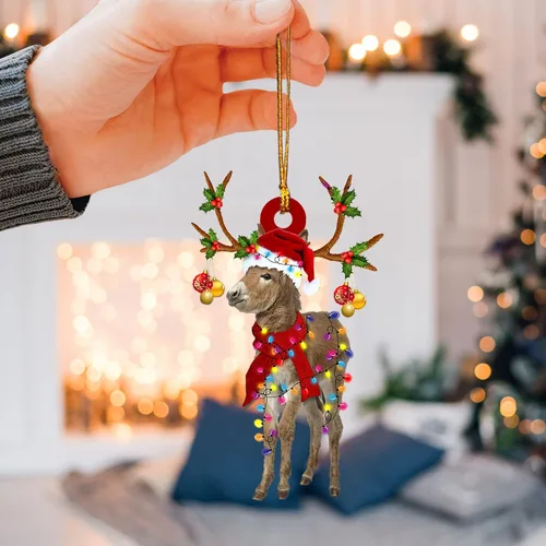 Vista 3 de Talataca Burro con sombrero de Navidad, reno con tira de luces 2D plano para espejo retrovisor de automóvil, accesorios para el árbol de Navidad