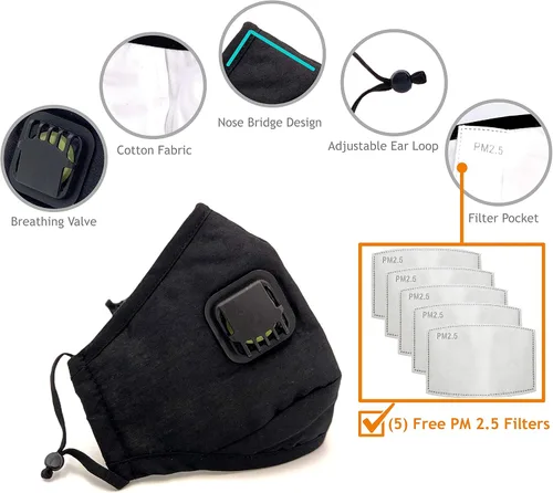 Vista 2 de Mascarilla reutilizable lavable de algodón de alta calidad con válvula de respiración y bolsillo para filtro (incluye 5 filtros gratis)