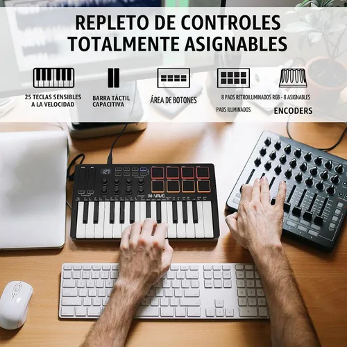 Vista 3 de M-Wave Controlador de teclado USB MIDI de 25 teclas con 8 almohadillas de batería retroiluminadas, Bluetooth, teclado dinámico profesional clásicos
