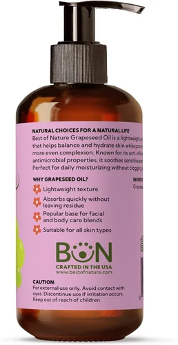 Vista 2 de Best of Nature Aceite corporal y masaje de semilla de uva 100% puro, sin perfume, ligero y no graso para cabello, piel, cara y aceite portador