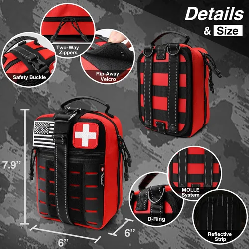 Vista 4 de Kit de primeros auxilios de supervivencia con vendaje de estilo israelí, férula, sello de pecho para emergencias tácticas Molle al aire libre, rojo