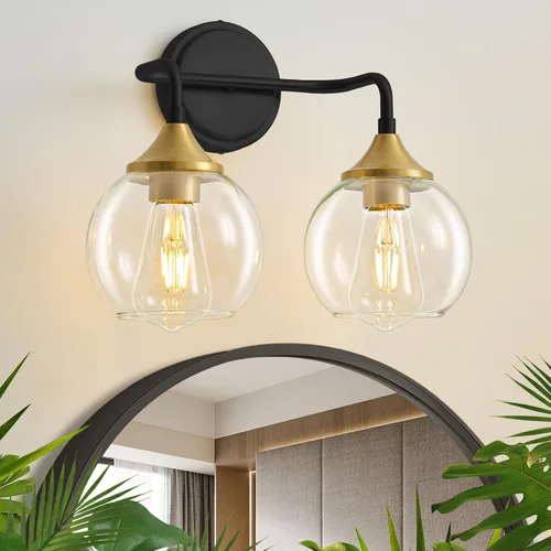 Vista 13 de Lámpara de Tocador de Baño Dorada con Pantalla de Vidrio Transparente, Base E26, Luminarias de Baño de 2 Luces Sobre Espejo, Luces de Tocador de 14