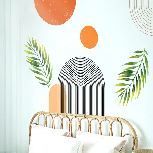 Vista 4 de Calcomanías de Pared Bohemias de Mediados de Siglo Modernas Despegar y Pegar, Pegatinas de Vinilo de Pared de Arcos Grandes Sol, Hojas Plantas