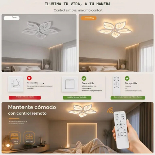 Vista 2 de Garwarm Lámpara de Techo Moderna, Candelabro LED Regulable de 23.6" Empotrado en el Techo, Control Remoto Lámpara de Hoja Acrílica Blanca para Sala