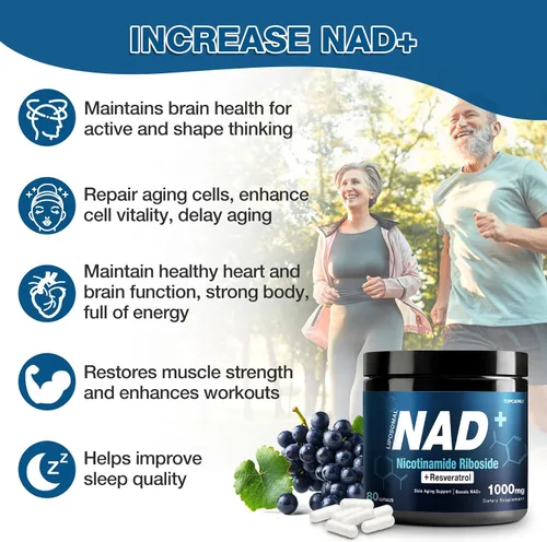 Vista 5 de Suplemento NAD+ de 1000mg - Ribósido de nicotinamida (NR) y resveratrol, NAD liposomal de ingredientes orgánicos puros para mujeres y hombres