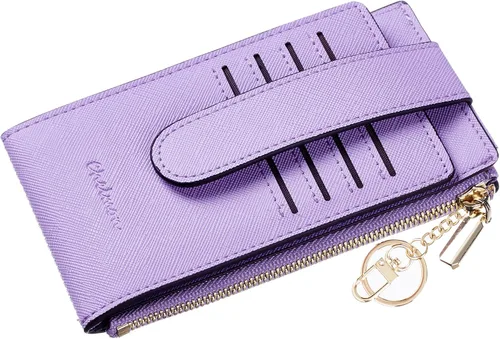 Vista 5 de Chelmon Billetera delgada con bloqueo RFID para mujer, con bolsillo con cremallera, Púrpura claro, Minimalista