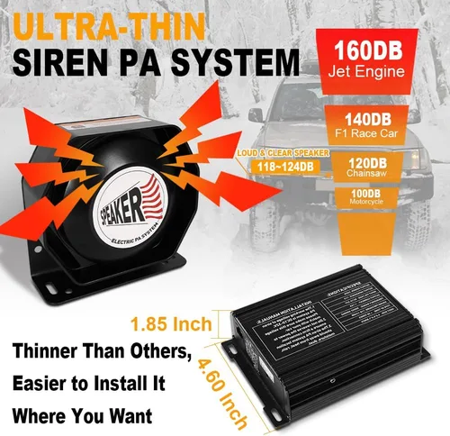 Vista 2 de Sirena de emergencia para policía 200W con sistema PA de múltiples tonos, bocinas delgadas con controlador de mano y micrófono, alarma electrónica