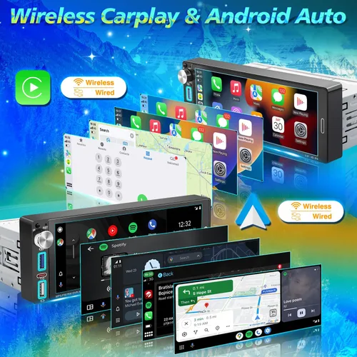 Vista 2 de Radio de pantalla táctil monodinar, estéreo HD IPS de 6.9 pulgadas con Apple CarPlay inalámbrico y Android Auto, Bluetooth 5.2, perilla física