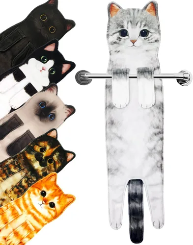 Vista 19 de PAT JUUMG - Toallas divertidas de mano con forma de gato para decoración de baño o cocina; toallas decorativas colgantes para la cara, súper