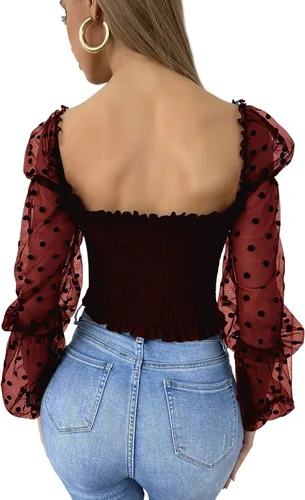 Vista 2 de Floerns Dobby - Blusa de malla con cuello cuadrado y manga larga para mujer