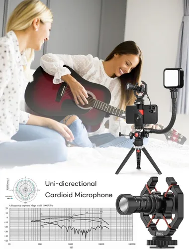 Vista 6 de Kit de vlogging para teléfono inteligente con micrófono de metal y luz (V-Master) For iPhone & Android,w/ Metal Cardioid Microphone,Flexible Grip