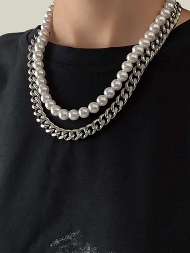 Vista 5 de Collar de perlas para hombre, collar de perlas en capas para niñas, collar redondo de perlas blancas en capas, collar de perlas para mujeres