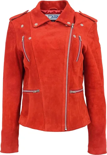 Vista 4 de Divergent Retail DR217 Women's Hardrock Biker Chich Leather Jacket Red Suede