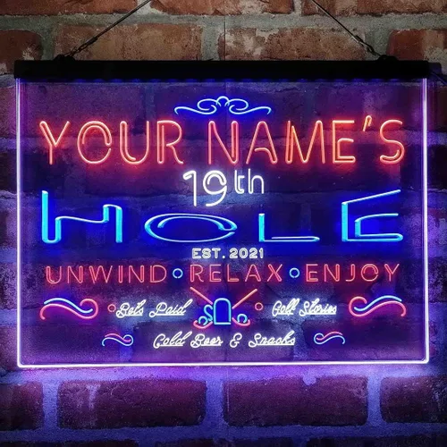 Vista 19 de Personalized 19th Hole Golf Club Tri-Color LED Neon Light Sign Customize Name Date Text Quote Font Green & Red & Yellow 13 x 8.7 Inches