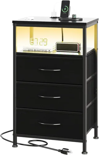 Vista 3 de Sweetcrispy Mesita de noche con estación de carga, mesa auxiliar con 3 cajones de tela, puertos USB y tipo C con salidas de CA, pies ajustables