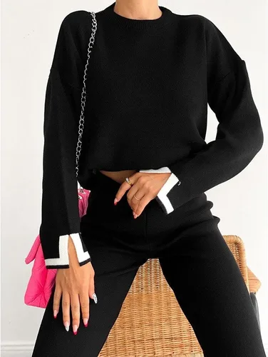 Vista 8 de Yidarer Conjunto de 2 piezas de punto para mujer, suéter de manga larga, pantalones de pierna ancha, conjunto de ropa deportiva