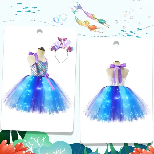 Vista 4 de Girls Mermaid Tutu Dress for Birthday Party, LED Light Up Halloween Mermaid Outfit Dress Up Dress with Headband