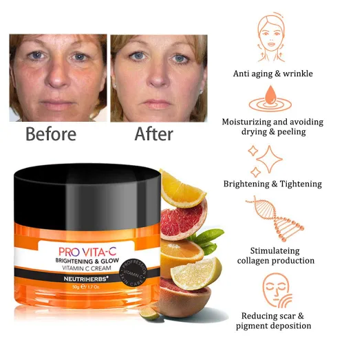 Vista 5 de NEUTRIHERBS PRO Crema facial de vitamina C con vitamina E + ácido hialurónico – Crema de noche súper hidratante, suavizante y apriete 1.7 oz