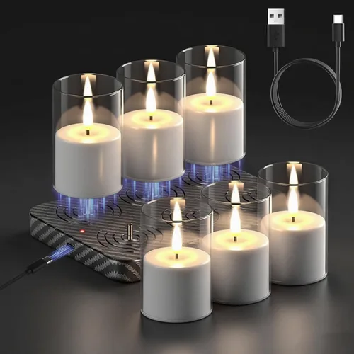 Vista 10 de GenSwin 12 velas de té recargables con base de carga y temporizador remoto, velas LED sin llama, funciona con pilas, para Halloween, otoño, mesa