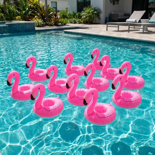 Vista 2 de Soporte inflable flotante para bebidas de flamenco, paquete de 12 posavasos flotantes para piscina, portavasos para latas de bebidas, tazas