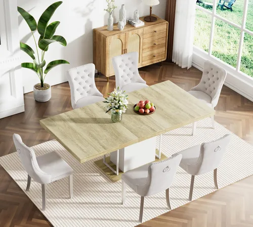 Vista 118 de Juego de mesa de comedor extensible marrón de 63 a 78.74 pulgadas para 4, juego de mesa de comedor de 5 piezas con 4 sillas, mesa de cocina