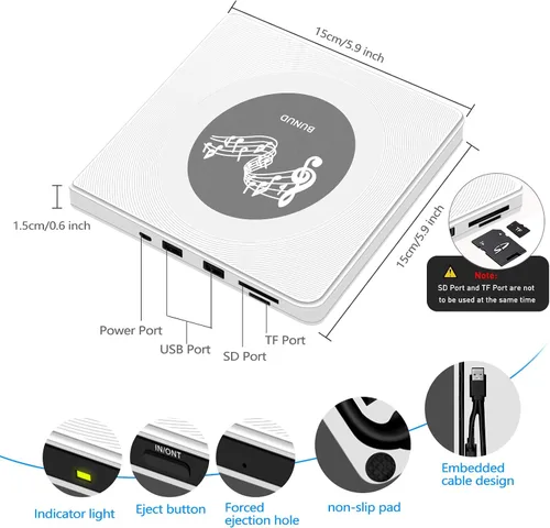 Vista 6 de BUNUD Unidad externa de CD y DVD: USB C y USB 3.0 Grabador de CD Reproductor de DVD para PC portátil Windows 11 Mac Linux - Escritor lector