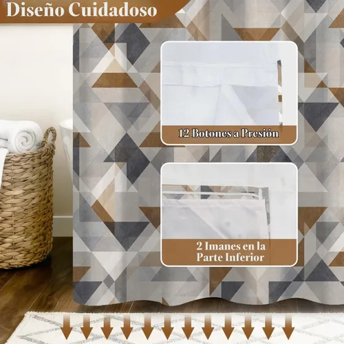 Vista 5 de No Hook Geometric Shower Curtain with Snap in Liner - 71″W x 74″L Waterproof Fabric with Mesh Top Window, Modern Abstract Triangle Design Bath