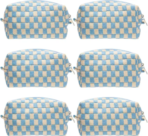 Vista 19 de PAZIMIIK Bolsa de Maquillaje a Cuadros para Bolso Portátil con Cremallera, Estuche Pequeño de Cosméticos para Accesorios de Viaje, Azul Ártico