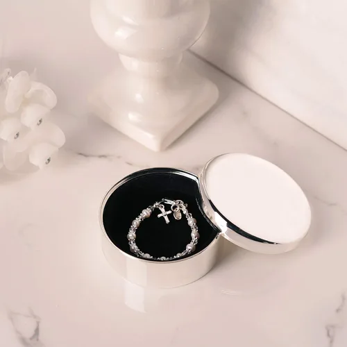 Vista 3 de Personalized Round Jewelry Keepsake Box with Custom Name and Engraved Cross with Message for Baby Christening Gift, Silver Toned