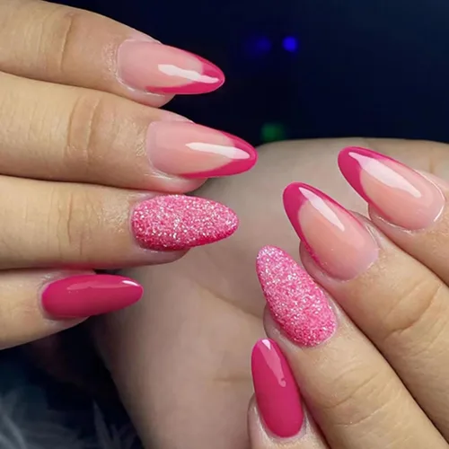 Vista 14 de Uñas postizas a presión medianas con punta francesa de almendra SWEKKE color rosa, cobertura completa, uñas postizas con pegamento rosa y purpurina