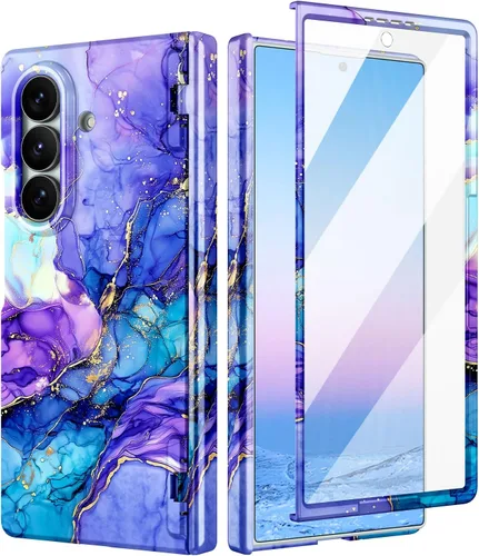 Vista 24 de Btscase Funda para Samsung Galaxy Z Fold 5, protector de pantalla frontal integrado, patrón de mármol dorado con purpurina de policarbonato duro