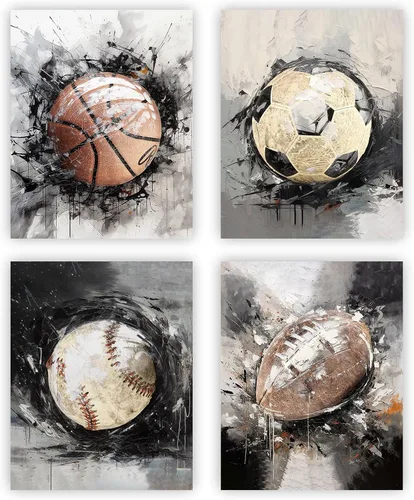 Vista 2 de Arte de pared enmarcado con temática deportiva, arte retro de grafiti de acuarela, béisbol, fútbol, baloncesto, impresiones en lienzo