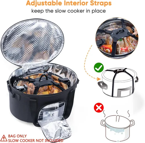 Vista 2 de Bolsa de transporte de doble capa para ollas de cocción lenta de 6-8 cuartos de galón CrockPot y Hamilton Beach Slowcooker, bolsa de viaje con Negro