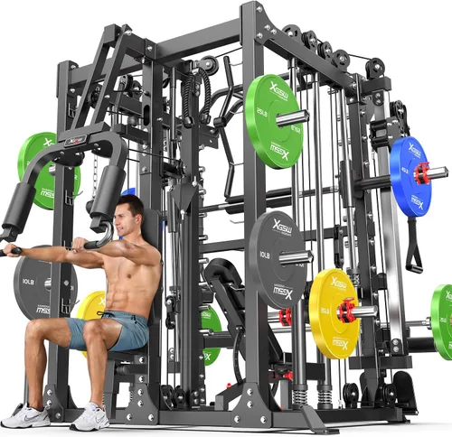 Vista 20 de XGSW Smith Machine Gimnasio en casa, jaula de potencia multifunción con sistema cruzado de cable de polea doble, estante para sentadillas