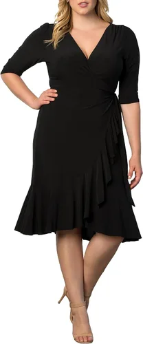 Vista 6 de Kiyonna Vestido midi de talla extra con volantes caprichosos y mangas - Para cóctel, fiesta, invitada a la boda o trabajo Negro (Black Noir)