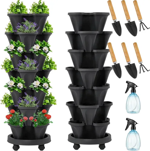 Vista 8 de Umigy Juego de 2 macetas verticales de 7 niveles, apilables, macetas de fresa, hierbas y verduras, macetas de jardinería para interiores