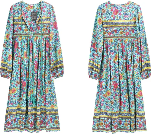 Vista 6 de R.Vivimos - Vestidos por debajo de la rodilla, de manga larga, con estampado floral, de estilo retro y bohemio, con cuello en V y borlas para mujer